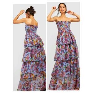 sachin and babi light blue dress Boohoo Womens Chiffon Floral Tiered Strappy Midi Dress